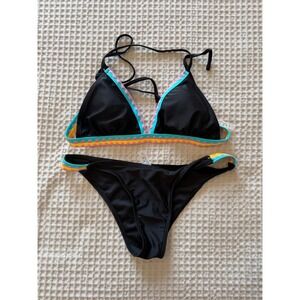 Black Embroidered Triangle Bikini Set Colorful Geometric Trim Two Piece Small